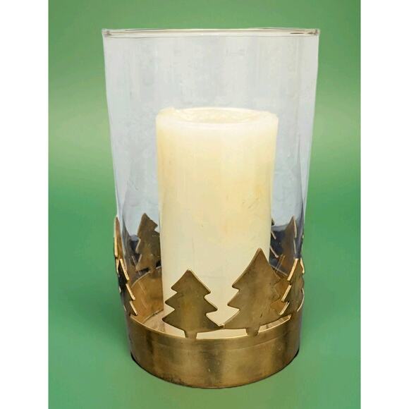 Brass glass Vintage Fir Pine Christmas Tree Hurricane Candle Holder 8" Rustic - Picture 1 of 4